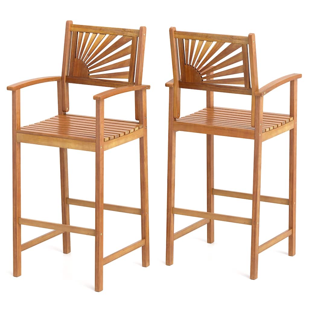 Gymax Set of 2 Outdoor Acacia Wood Bar Stools Bar Height Patio Chairs