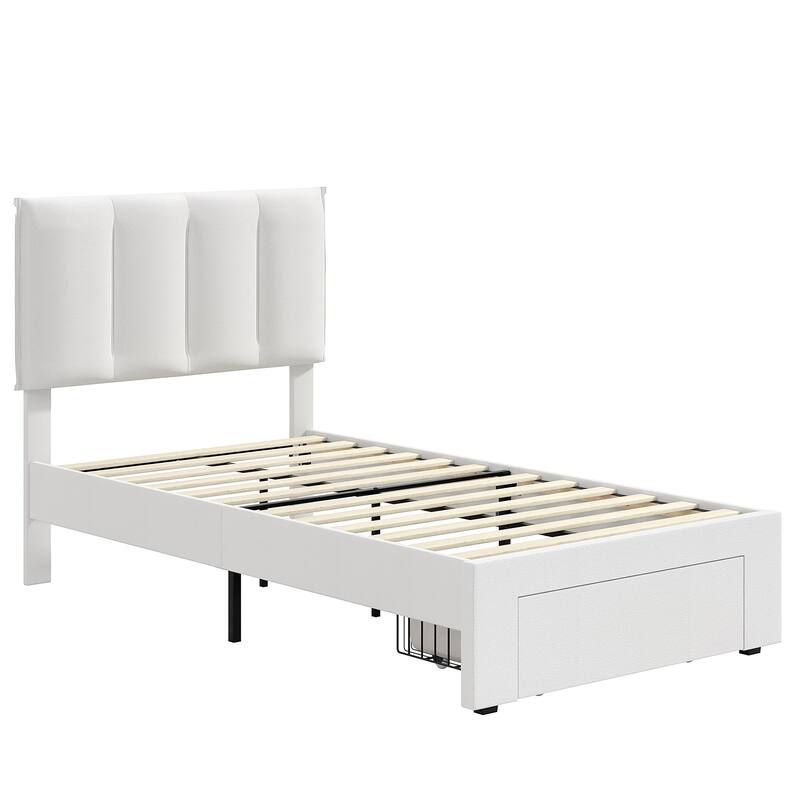 White Bed Frame with 4 Storage Drawers, Upholstered Platform Bed Frame with Adjustable Headboard