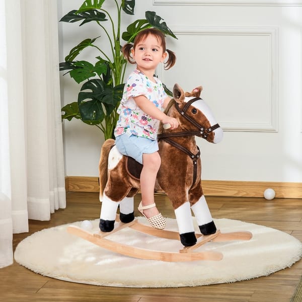 slide 2 of 18, Kids Rocking Horse Plush Toy with Realistic Sounds and Red Scarf for Over 3 Years Old Gift Brown