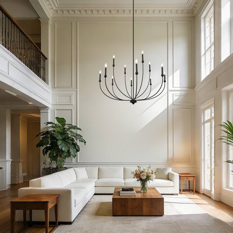 Oriea Modern Transitional 2-Tier 12-Light Black Wheel Chandelier for Large Living Dining Room Entryway - Dia. 48.8" x H 31.5"