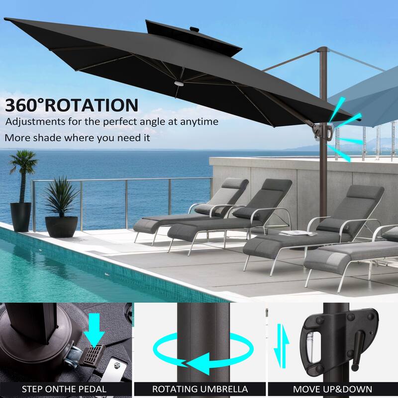 11 FT Square Outdoor Patio Cantilever Umbrella with Solar Lights Double Canopy 360 Rotation Tilt