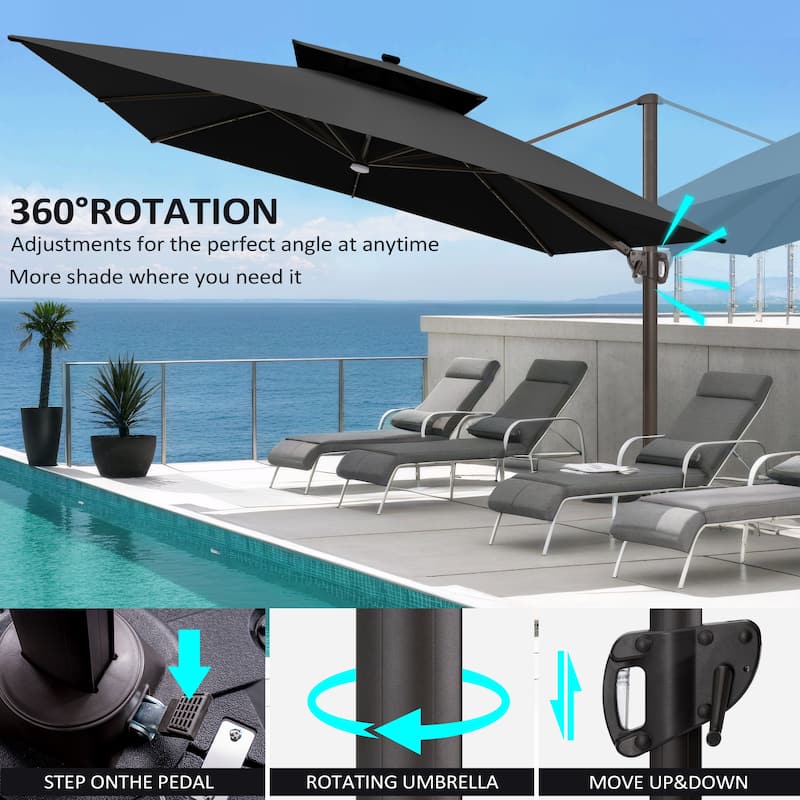 Pellebant 11X11 FT Outdoor Square Cantilever Patio Umbrella Solar LED Lighted with Wheel Base