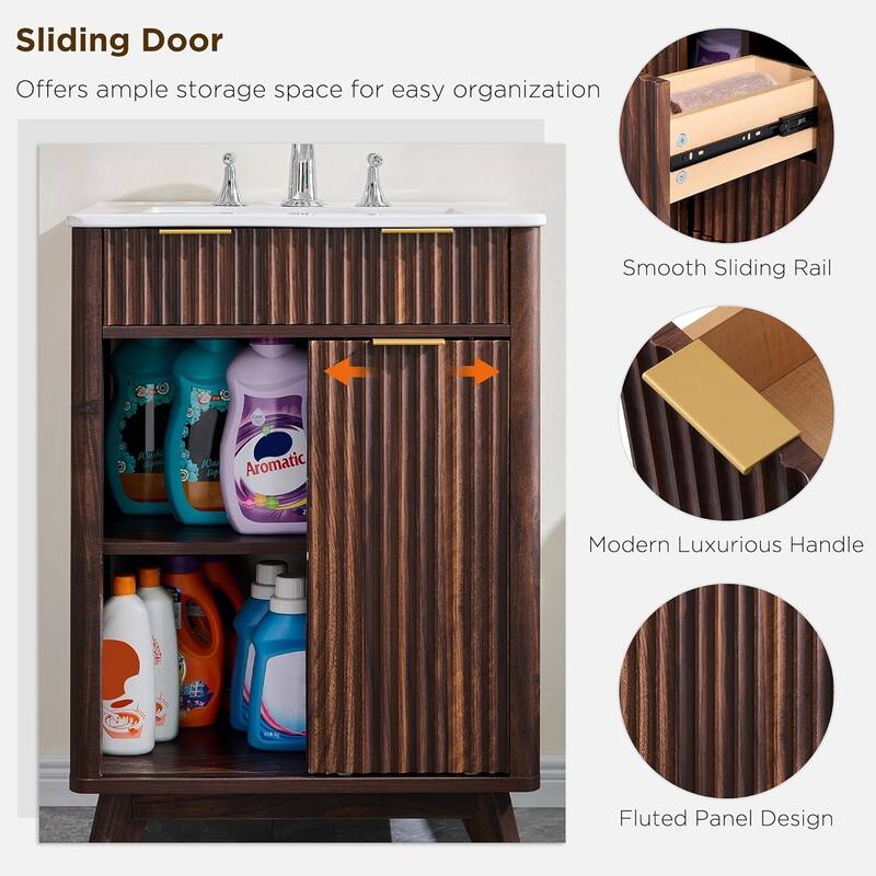 24" Fluted Bathroom Vanity with Ceramic Sink, Modern Bathroom Cabinet