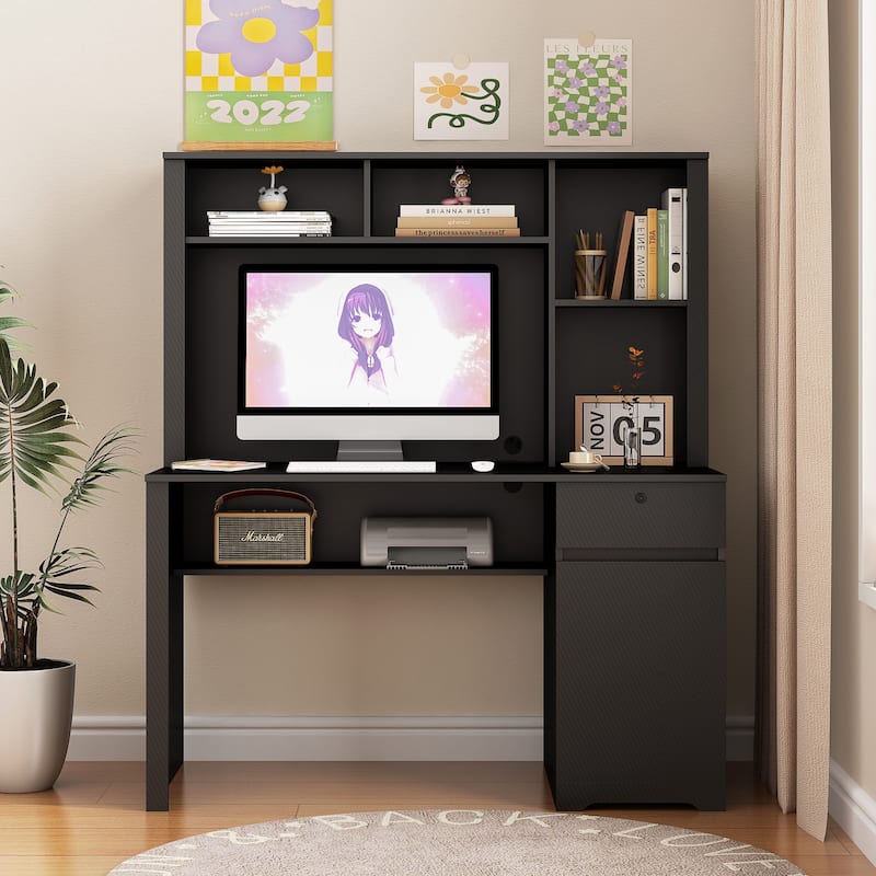 Computer Desk with Hutch & Bookshelf, Wood Executive Desk with Drawers, 3 AC Outlets and 2 USB Charging Ports - Black