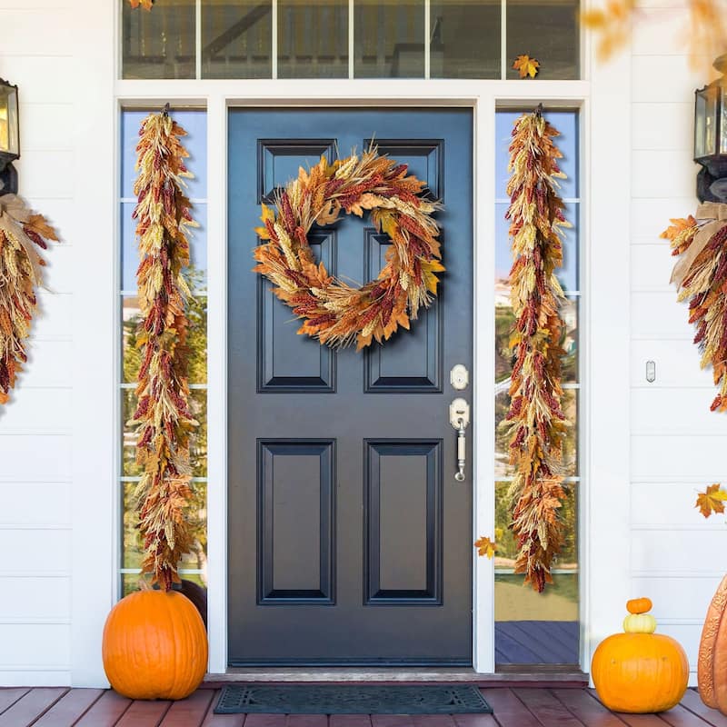 Glitzhome Fall Harvest Artificial Sorghum Garland Wreath Swag Floral Porch Decor