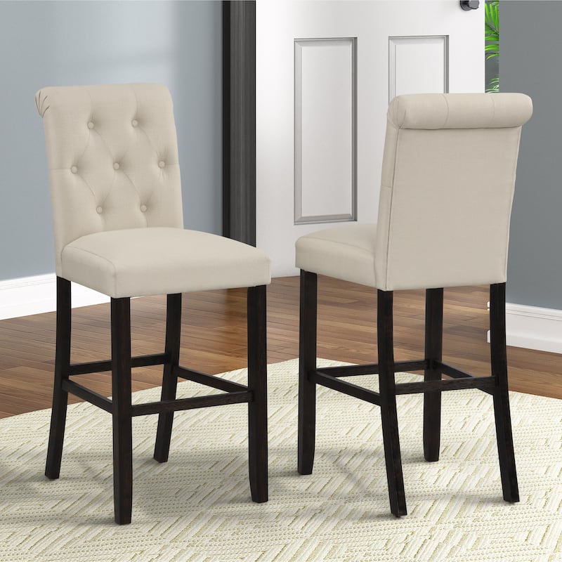 Tufted Button Bar Chair, Wooden High Chair, Upholstered Dining Chair, Bistro Chair, Counter Reception Chair (Set of 2) - Tan
