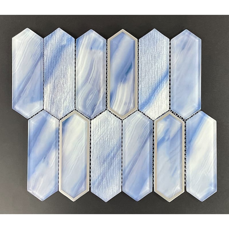 6 X 2 Long Hexagon Glass Wall Mosaic Tiles - Case (10 Sheets) - Cobalt Blue with Silver