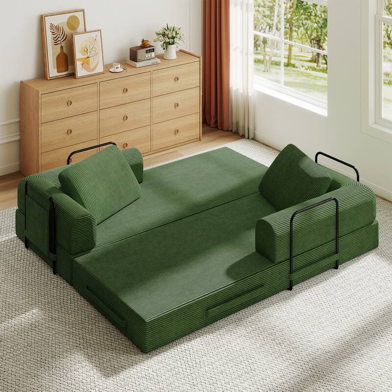 Convertible Sleeper Sofa Bed with Cylindrical Pillow - Corduroy Folding Mattress Couch for Living Room, Bedroom, Lounge, Studio