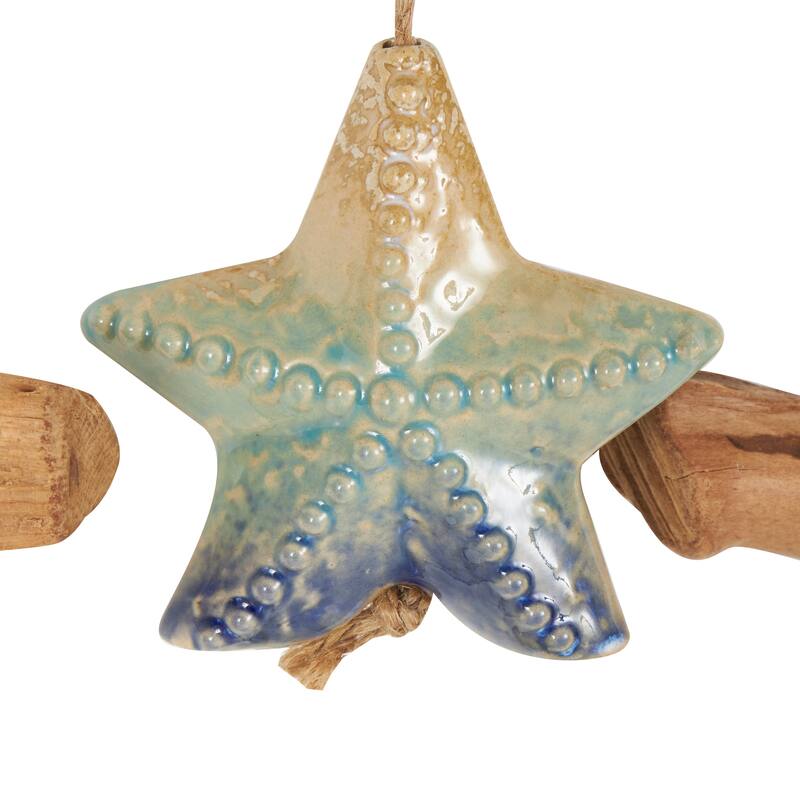 Blue Ceramic Ombre Starfish Windchime with Driftwood and Hanging Starfish Accents