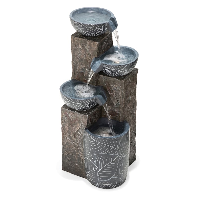 Glitzhome 32.75"H Oversized 4-Tier Leaf Textured Resin Outdoor LED Fountain