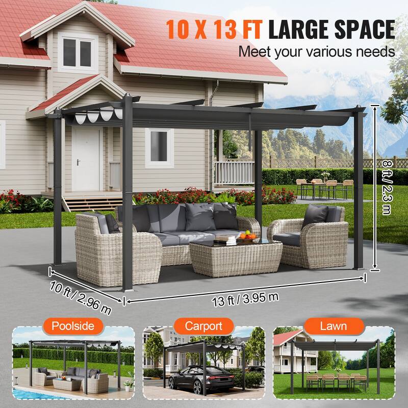 10 x 13 Feet Aluminum Outdoor Retractable Pergola with Sun Shade Adjustable Retractable Canopy