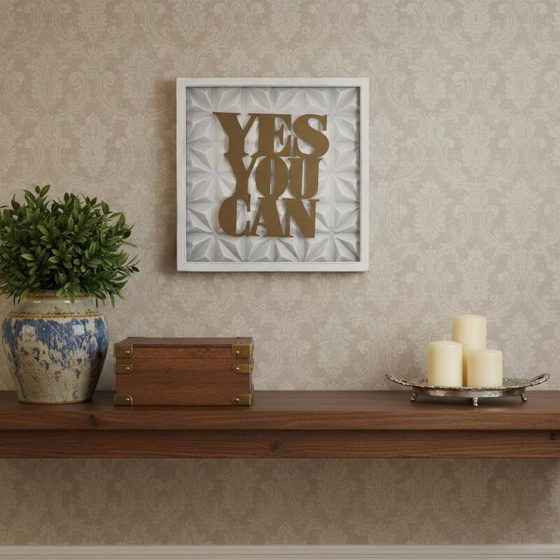 HomeRoots 14" X 14" Brown And White Yes You Can Metal Square Wall Decor - White/Brown - 14.00 in. x 14.00 in.  x 1.50 in.