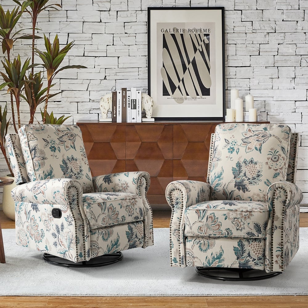 Roderich Farmhouse Floral Print Swivel Rocker Recliner with Rolled Arms Set of 2 by HULALA HOME