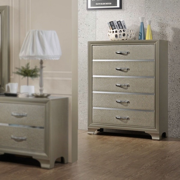 Contemporary 5 Drawer chest-Champagne finish. Opens flyout.