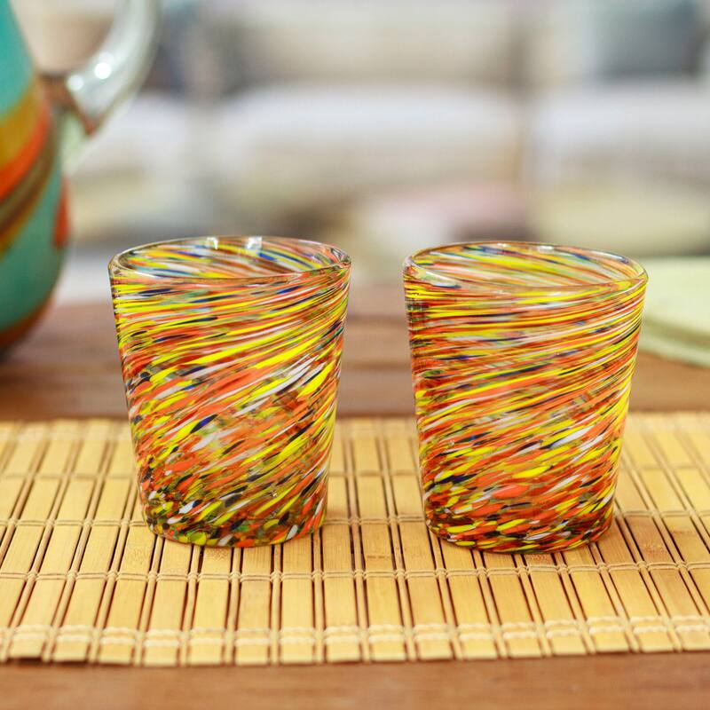 Novica Handmade Rainbow Centrifuge Handblown Juice Glasses (Pair)
