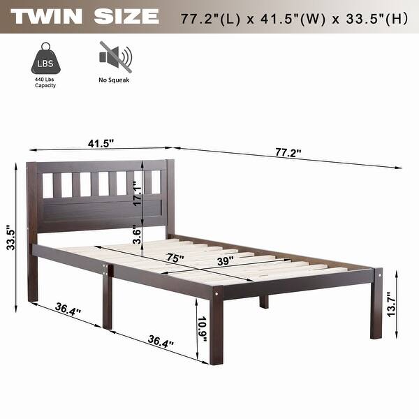 dimension image slide 1 of 2, Twin Size Bed Frame with Headboard - Solid Pine Wood, Sturdy Slatted Design
