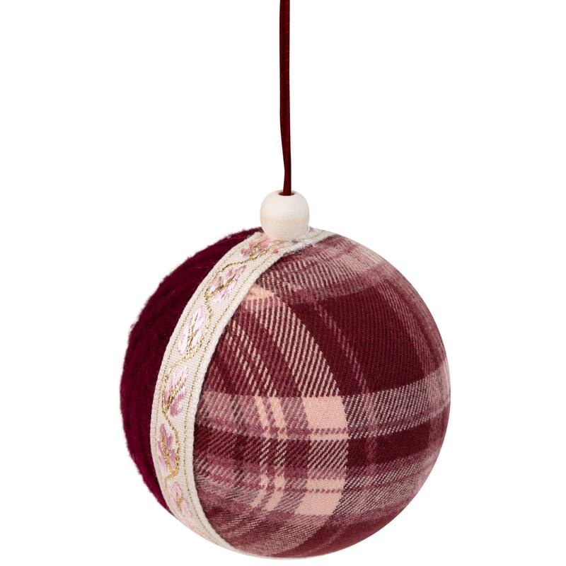 Plaid and Knitted Christmas Ball Ornaments - 3.5" - Maroon and Ivory - Set of 4