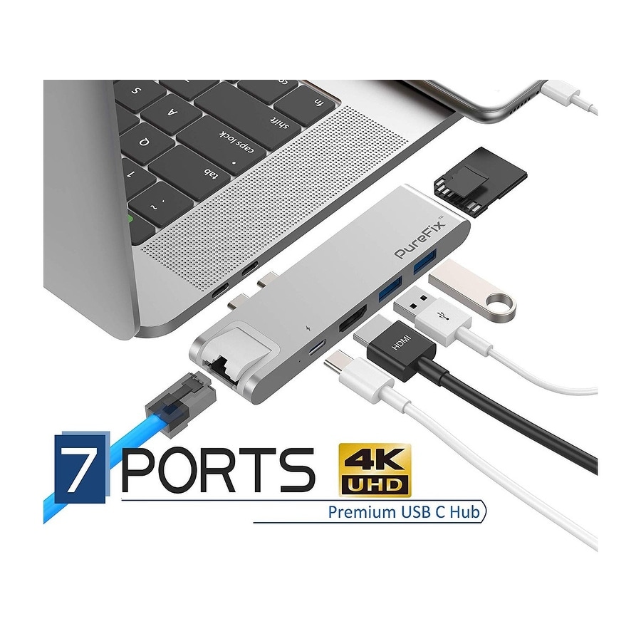Purefix Usb C Hub 7 In 1 Dual Type C Adapter Silver For Macbook Pro 13 15