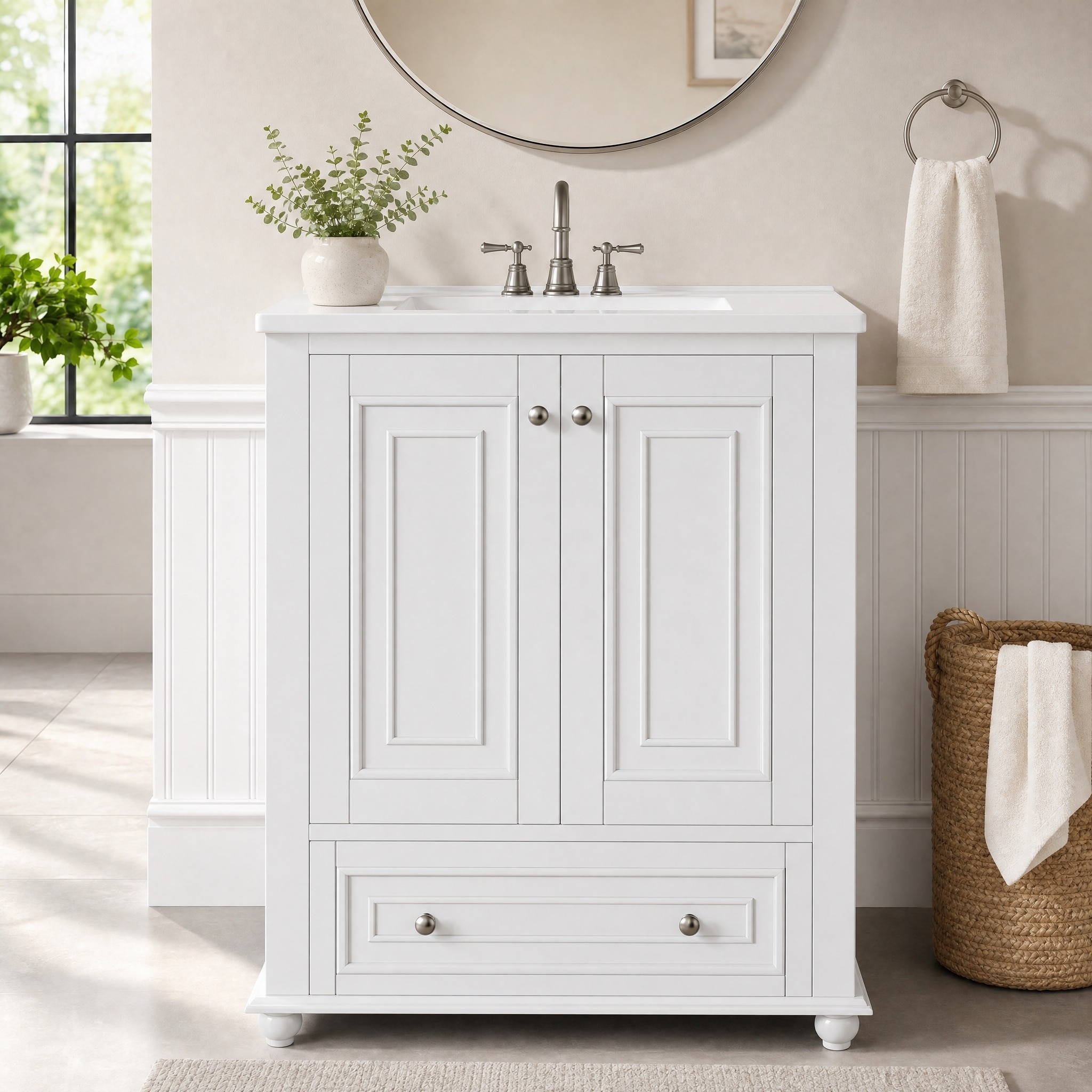 24 Inch Solid Rubberwood Bathroom Vanity with Integrated Ceramic Sink & Soft-Close Hinges - 24"
