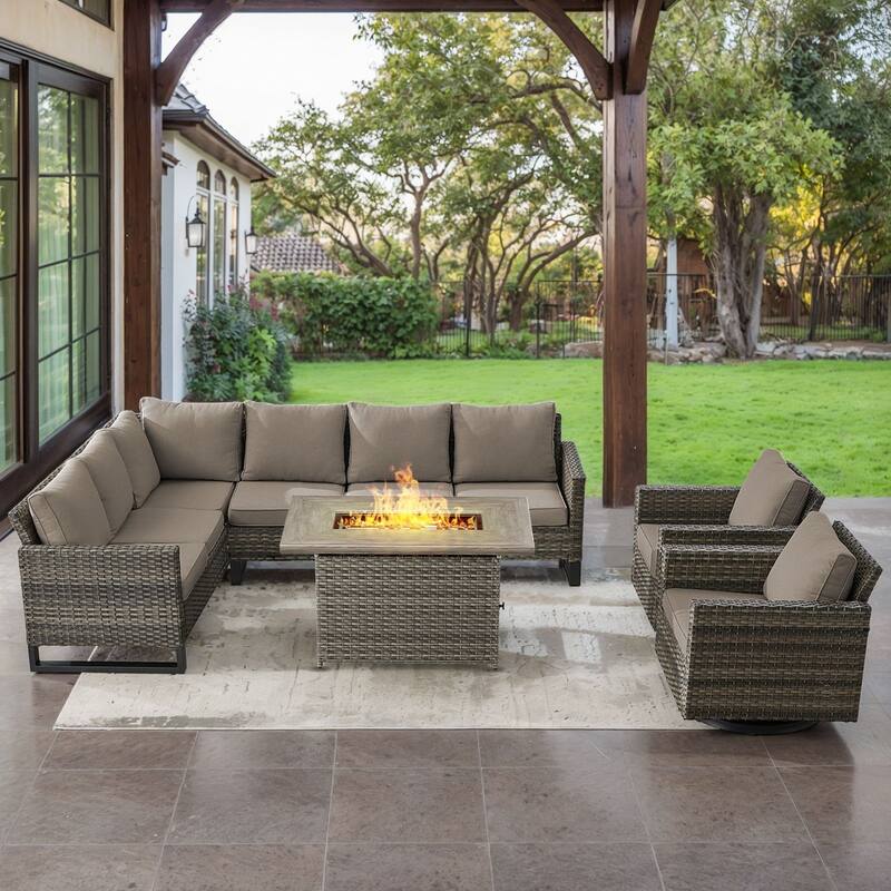 Gymojoy L-Shaped Outdoor Corner Sectional Sofa 6-seats Couch Conversation Set - 4 PCS - Fire Pit & Swivel Chairs - Grey Wicker / Grey Cusion