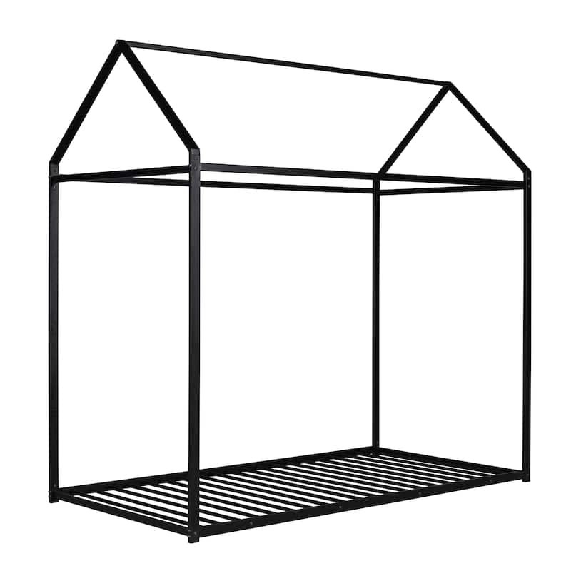 Metal House Bed Frame Twin Size, Heavy Duty Metal Kids Floor Bed Frame with Slat Support, Adjustable Height