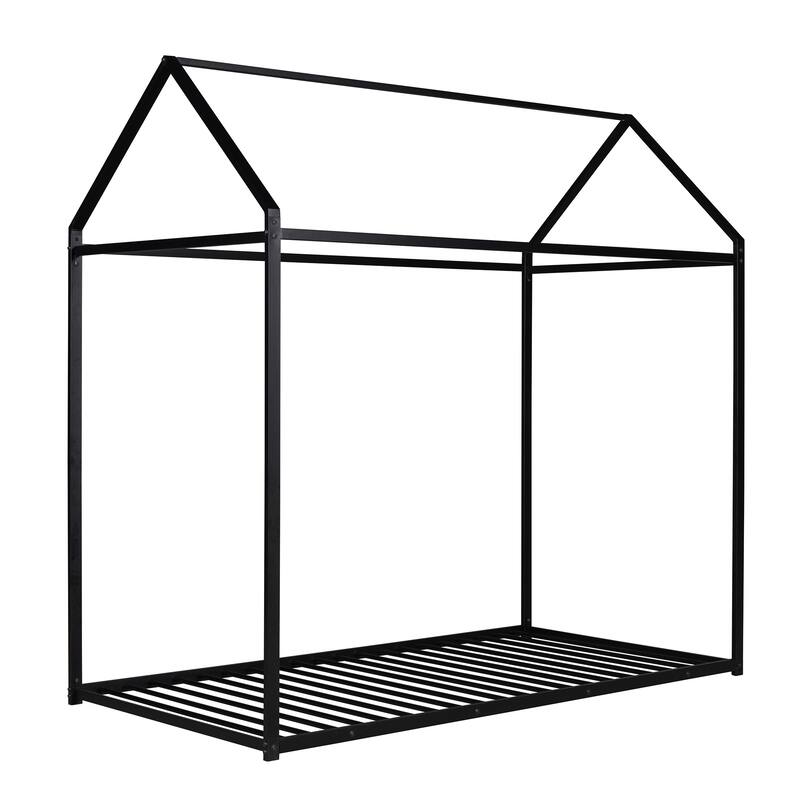 Twin Size Metal House Bed Frame for Kids, No Box Spring Needed, Black