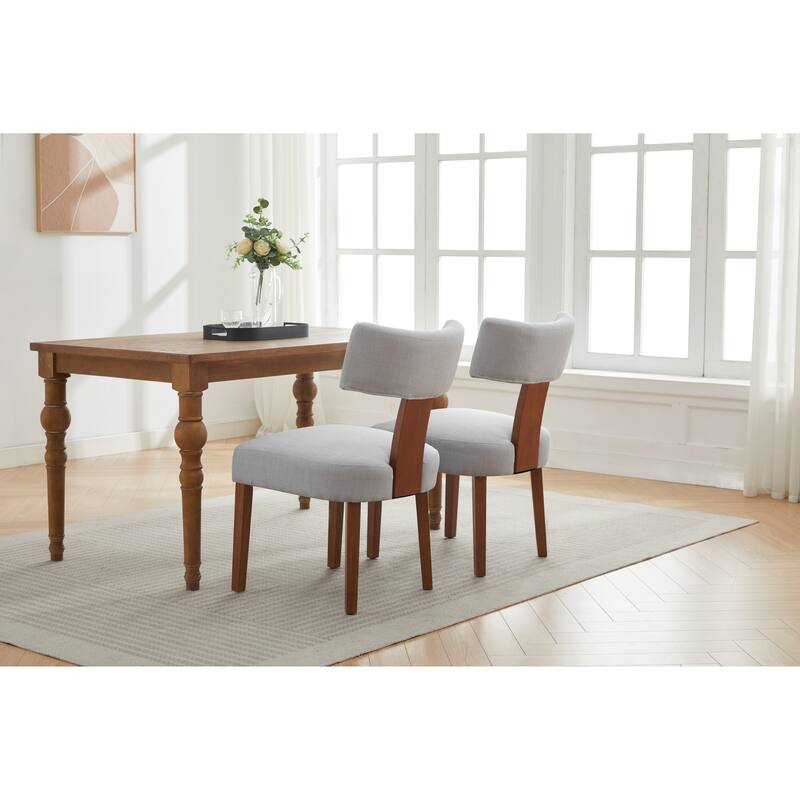 Linen Dining Chairs Set of 2, Armless Chairs with Curved Upholstered Backrest and Wooden Legs for Dining Room