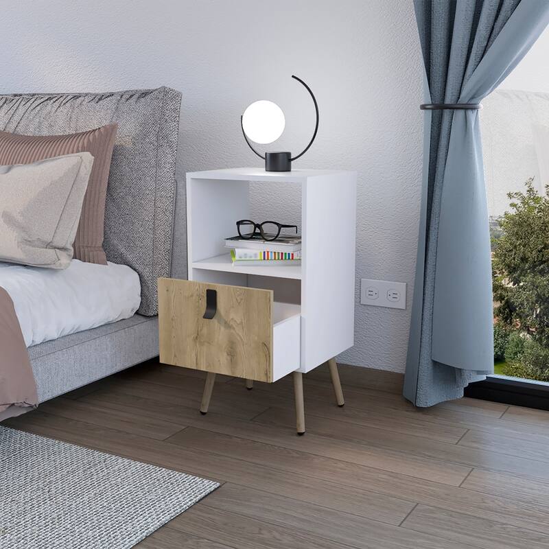 White & Macadamia Nightstand with Drawer and Open Shelf, Modern Bedroom Furniture