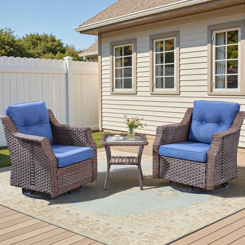 Pocassy Outdoor Swivel Chair Glider Chair with Side Table - Brown Wicker Gray Cushion - 3-Piece Swivel Chair with Side Table