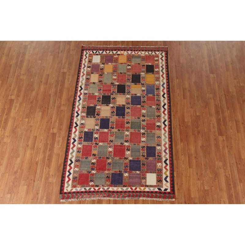 Checkered Kilim Qashqai Persian Vintage Rug Flatweave Wool Carpet - 4'6"x 7'8"