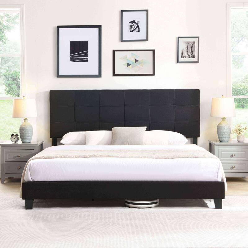 King Size Upholstered Bed Frame with Linen Headboard, Wood Slat Support, No Box Spring Needed