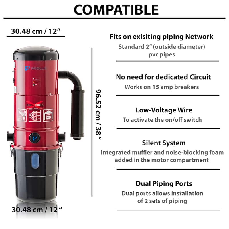 Prolux CV12000 Red Central Vacuum Cleaner Power Unit with Powerful 2 Stage Motor and HEPA Filtration