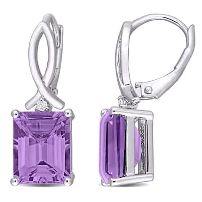 Miadora Sterling Silver Octagon-cut Amethyst and White Topaz Drop Leverback Earrings - 24.7 mm x 8 mm x 10 mm
