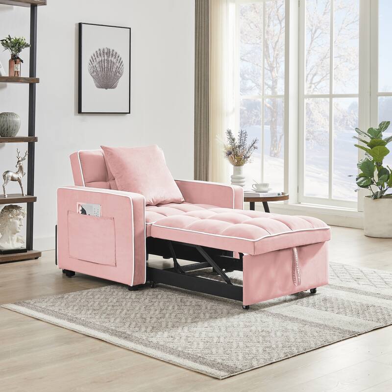 Pink Velvet Single Sofa Bed with Adjustable Back - Pink