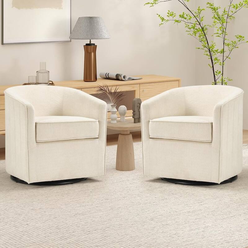 Swivel Accent Chair , 360 Degree Club Chair with Ottoman Set, Fabric Barrel Reading Chairs for Living Room Bedroom
