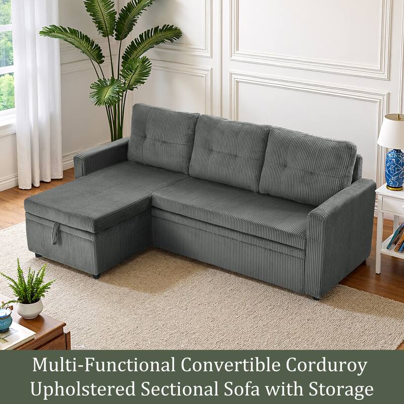 Tufted Convertible Corduroy/ Linen Modular Sectional Sofa with Storage Chaise