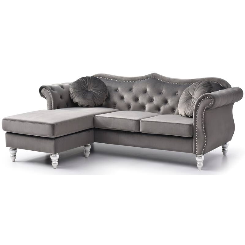 Hollywood 81 in. Velvet Chesterfield Sectional Sofa with 2-Throw Pillow - 81"L x 35"W x 34"H