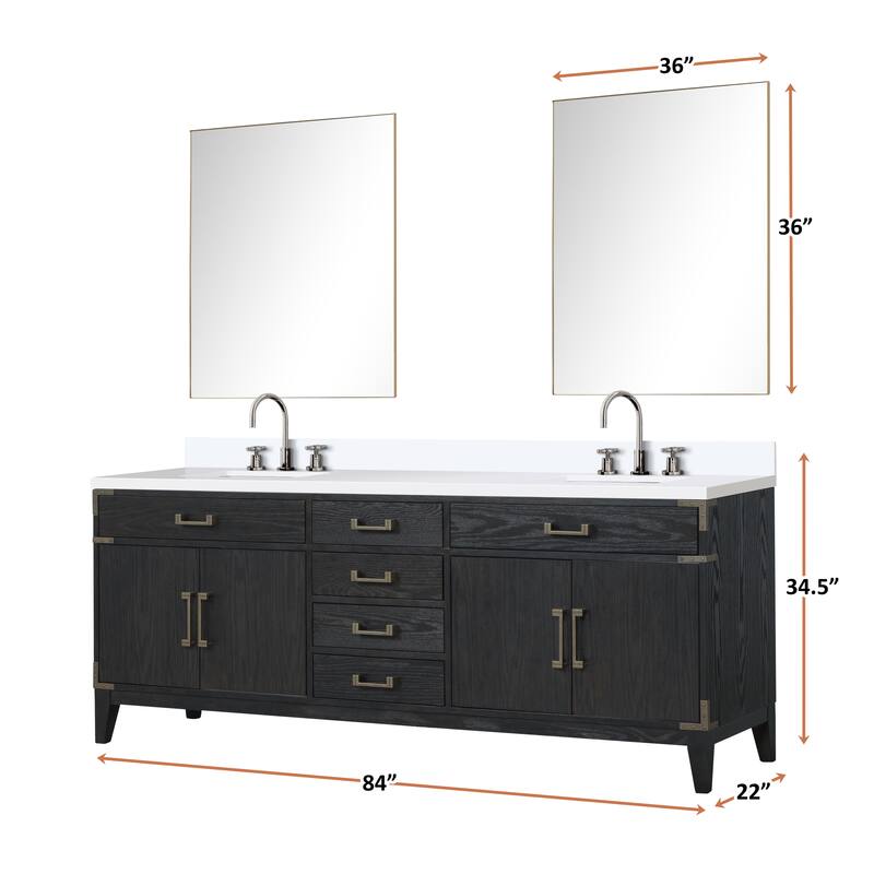 Laurel 60 in W x 22 in D Black Oak Double Bath Vanity, White Quartz Top, Faucet Set, and 28 in Mirrors