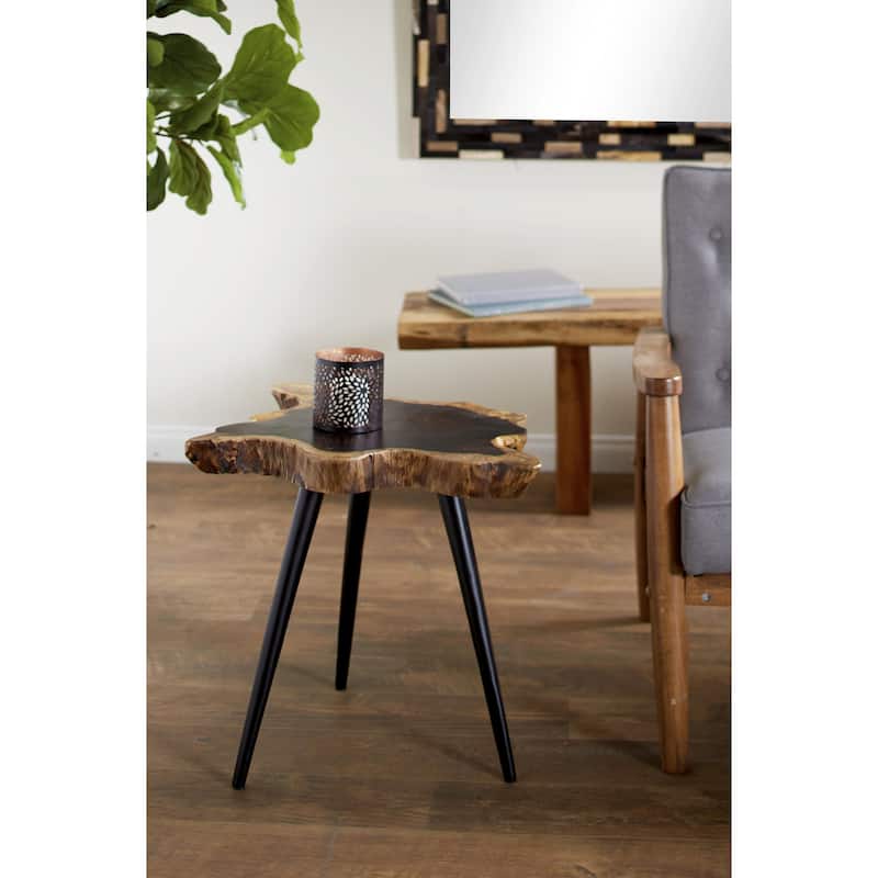 Wood Handmade Live Edge Top Side End Accent Table with Black Metal Tripod Legs - Brown - Roche River Decor