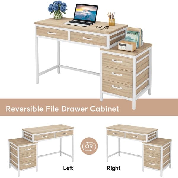 dimension image slide 1 of 7, Computer Desk with 5 Drawers, Reversible Writing Desk with File Cabinet Printer Stand