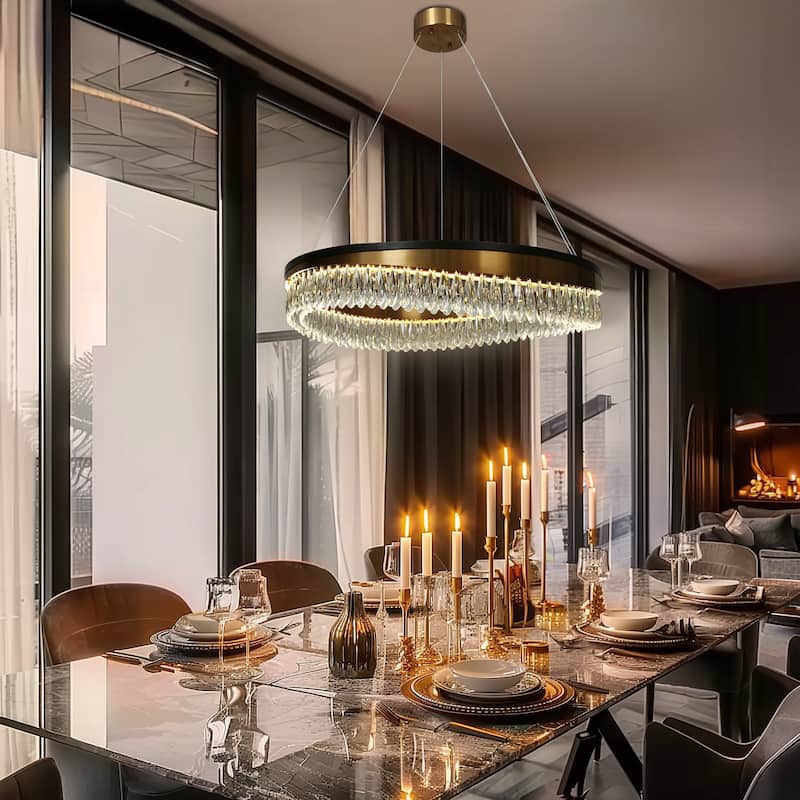 Modern 1-Light LED Crystal Chandelier Black Gold Drum Lights for Living Dining Room - D31.5" x H6"