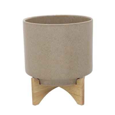 10" Planter with Wood Stand, Beige 12"H - 10.0" x 10.0" x 12.0"