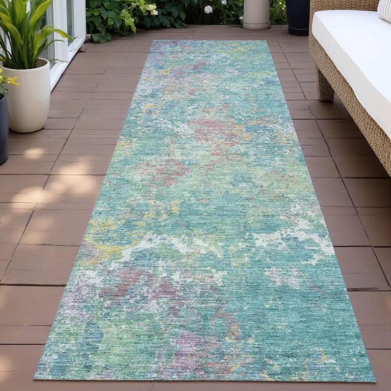 Machine Washable Indoor/Outdoor Abstract Watercolor Chantille Rug - Teal - 2'3" x 7'6"