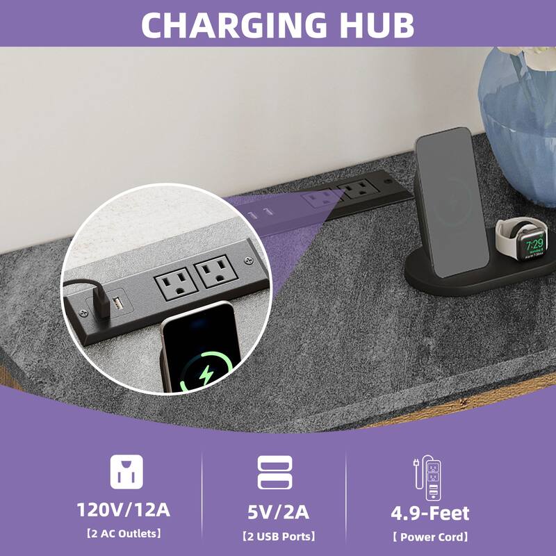 Farmhouse End Table, Sofa Side Table with Charging Station