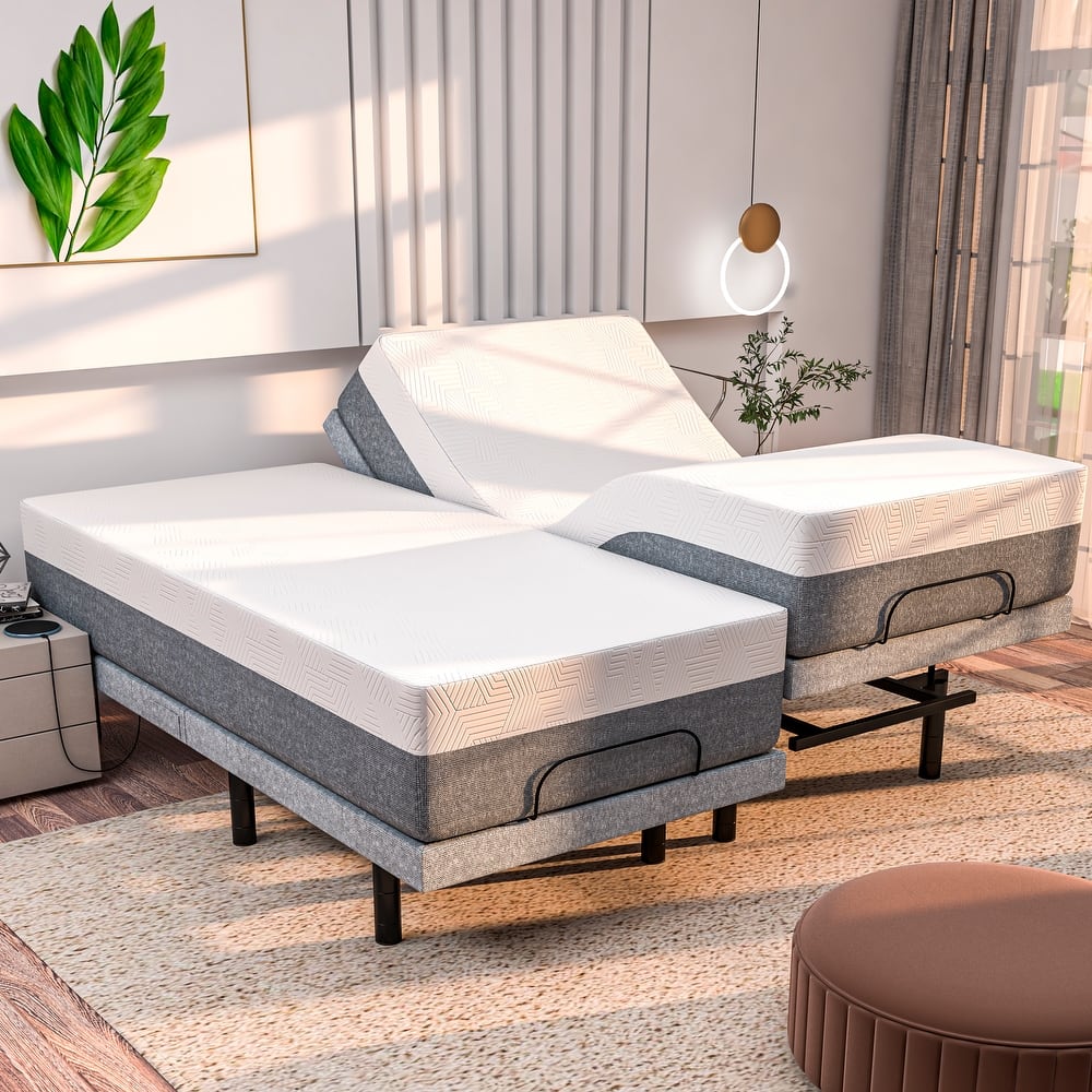 Renanim Zero Gravity Adjustable Bed Frame with 14" Memory Foam Mattress, Dual Massage, USB, Under Bed Light, Remote, App Control