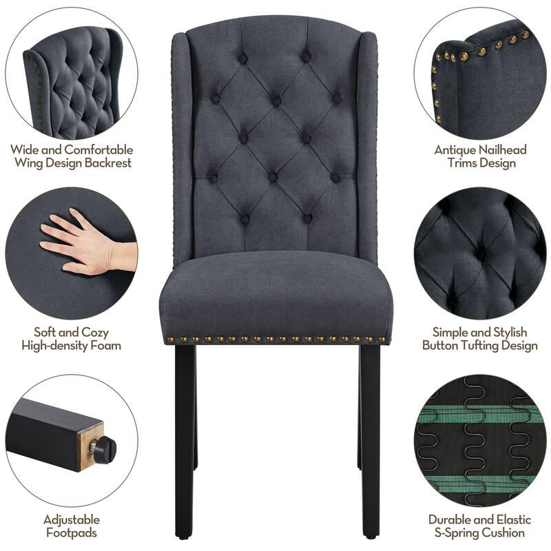 Yaheetech 2pcs Upholstered Dining Chair Button Tufted Dining Room Chair with Nailhead Trims - N/A