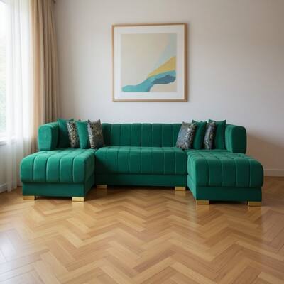 HomeRoots Green Velvet U Shaped Three Piece Sofa and Chaise Sectional With Toss Pillows