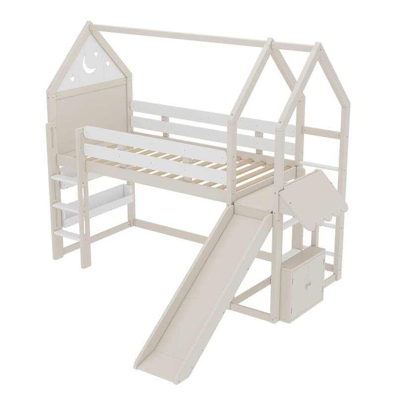 Playful House Bed Starry Moon Cottage Twin Size Loft Bed with Built-in Bookshelves, Reversible Slide and Front & Side Ladders