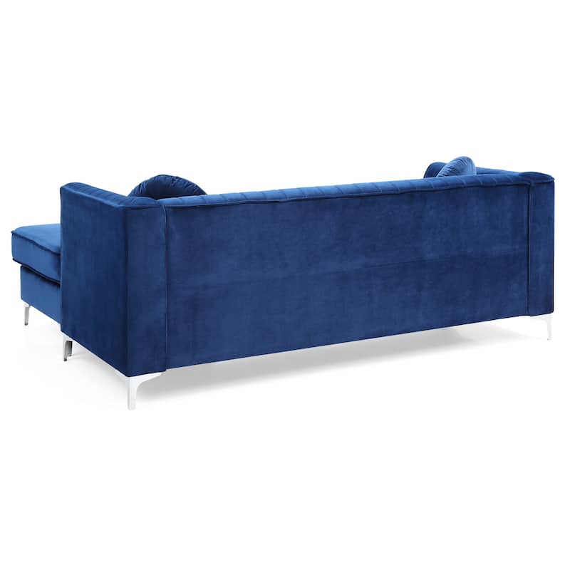 Navy Blue Velvet Sofa Chaise, 75x63x32 inches, 146 lbs, Semi-Assembled w/ Chrome Legs & Pillows