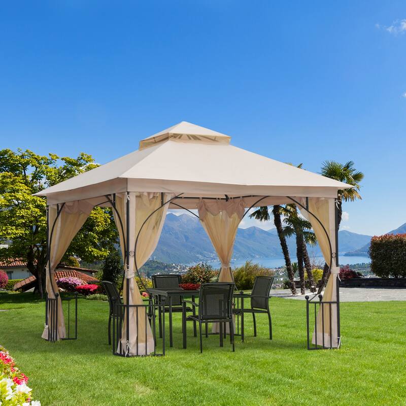 10' x 10' Double Roof Outdoor Gazebo with Netting, Steel Frame for Garden, Lawn, Backyard, Beige